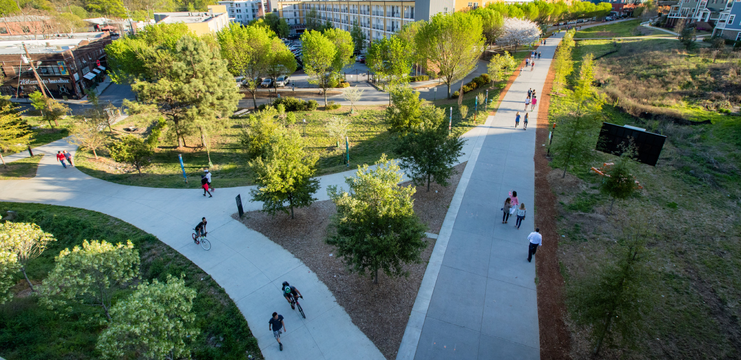 Aerial view of people walking in a park