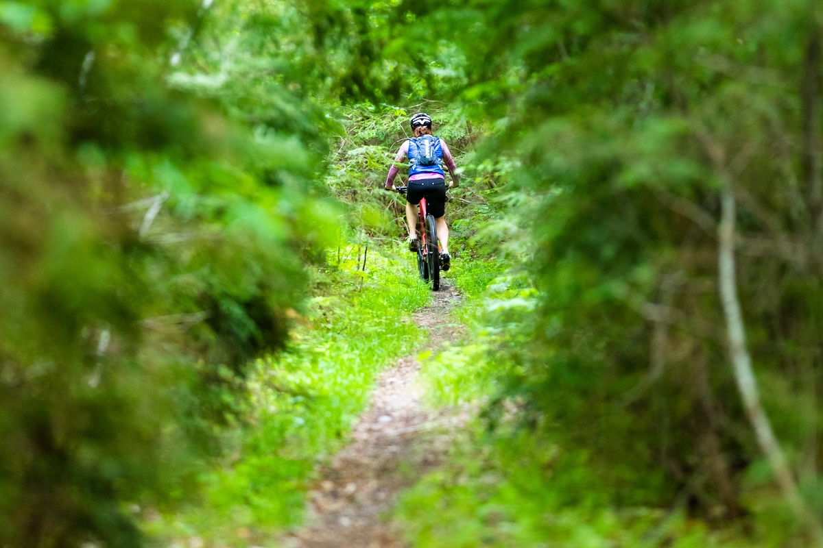 Woman bikes in Bethel Village Trails, Rowe's Meadow.