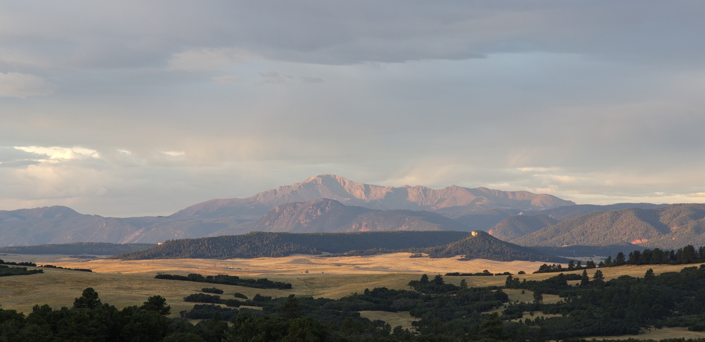 A large mountain range in the background on a cloudy evening with green shrubbery in the foreground