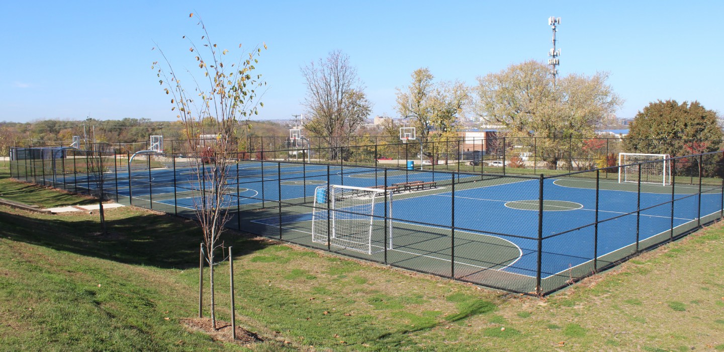 Basketball and soccer courts at a park in Baltimore on a winter day