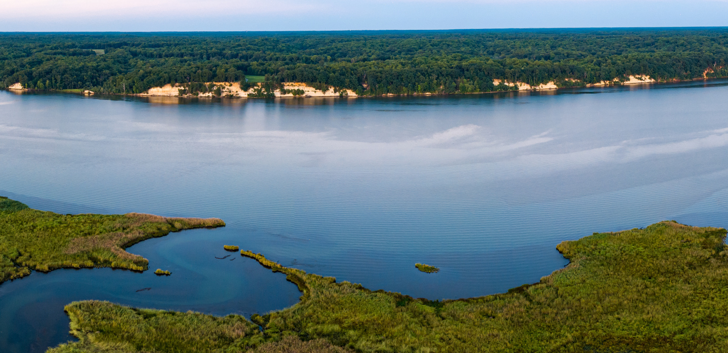 An aerial view of the Rappahannock River in Virginia from the famous Fones Cliffs