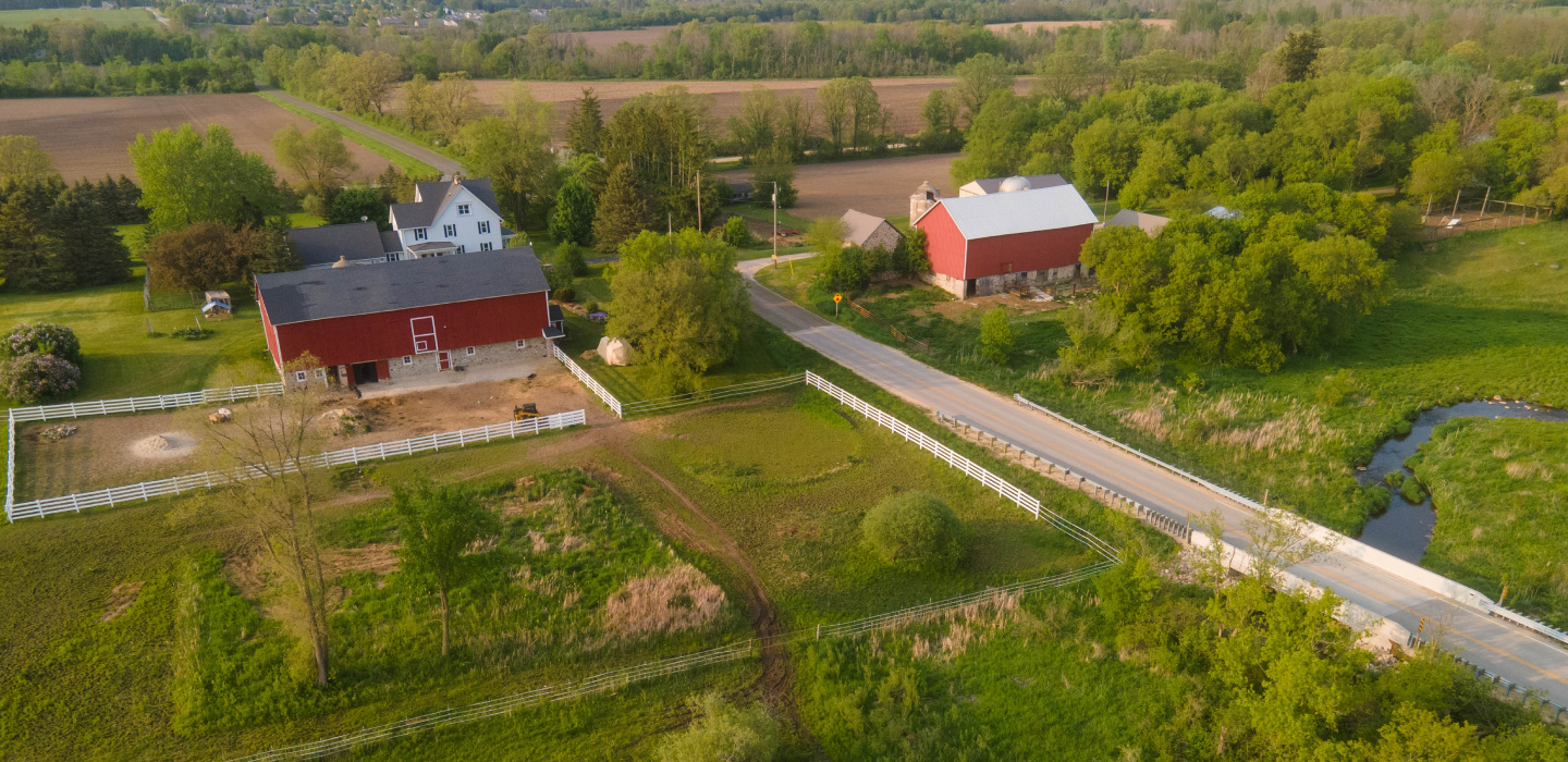 Full green trees sit atop lush, green grass with red barns spotted in between.