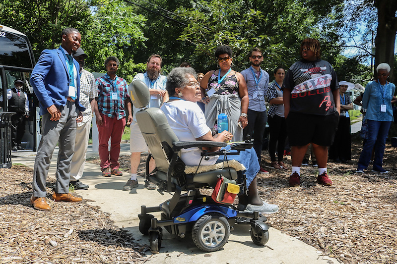 Parks can help to build more empowered and resilient communities. Peer Exchange tour of Lindsay Street Park, guided by a talk from neighborhood resident Mother Moore. 