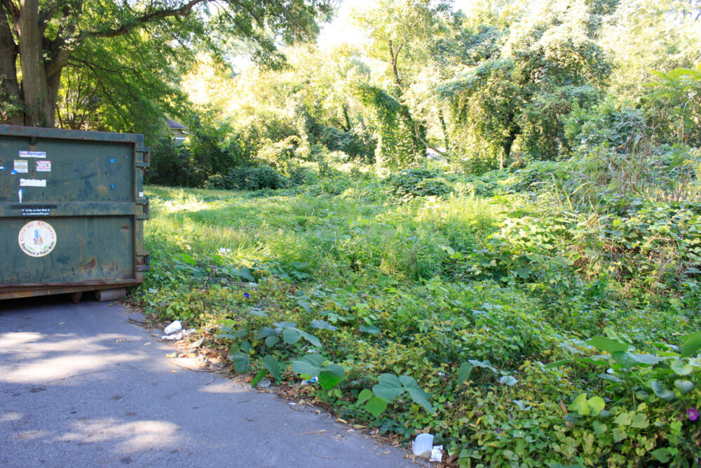 Green shrubs and trees next to a large, green dumpster show the Lindsay Street Park site before the park