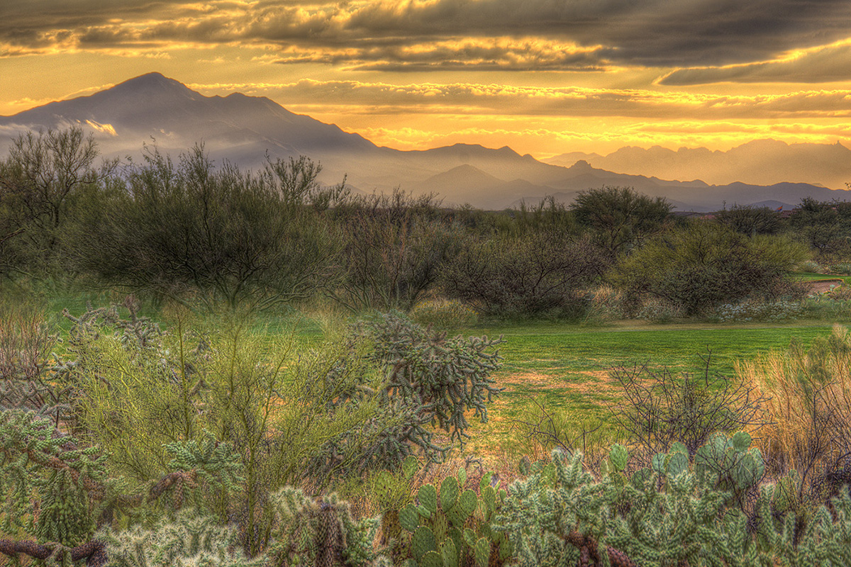 An orange sunset sky lays just above a rigid mountaintop in the background. Green and brown desert brush that used to be a golf course is abundant in the foreground.