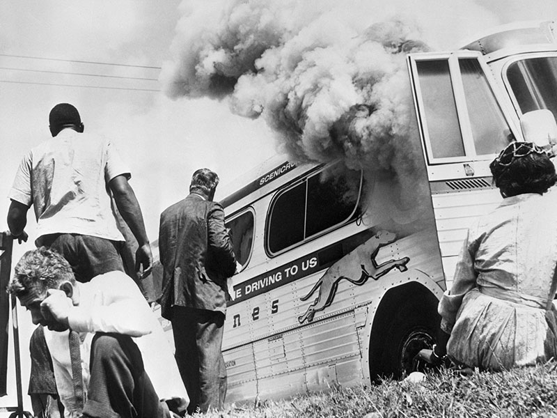 On May 14, 1961, a Freedom Riders bus was fire-bombed near Anniston, Alabama.