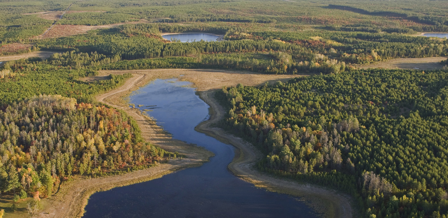 An aerial photograph of the St. Croix and Bois Brule rivers with green trees surrounding