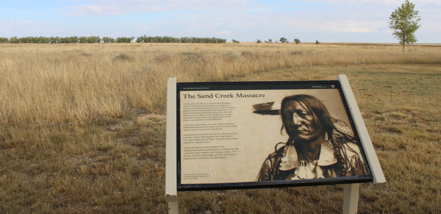 An informative plaque at the Sand Creek Massacre National Historic Site in Colorado