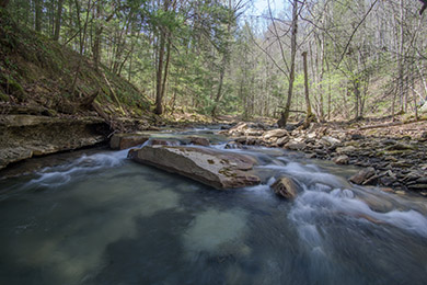 Rushing river downstream is blue and white, surrounded by rocks and thin trees.