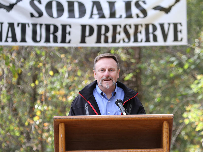Our Midwest Project Director, Clint Miller, gives a speech at the dedication of Sodalis Nature Preserve. Photo by Whitney Flanagan.