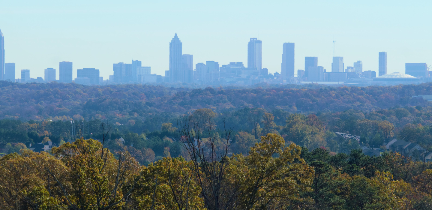 A Southeastern U.S. cityscape sits in the background of green trees
