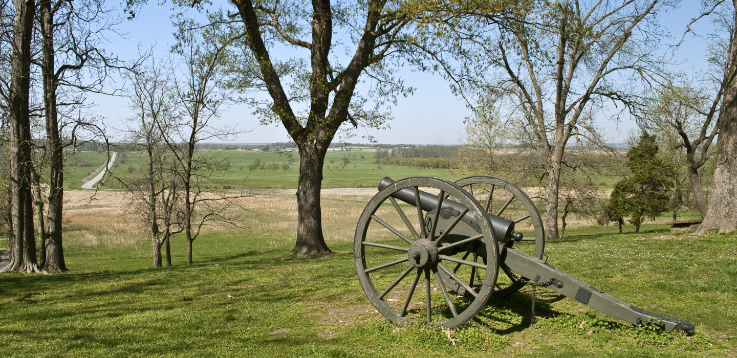 A canon sits on Prairie Grove Battlefield State Park in Arkansas.