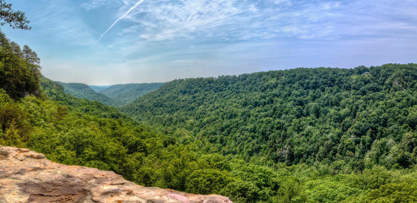 A view of lush, green mountains and a cloudy blue sky from Tennessee's Fiery Gizzard Trail.