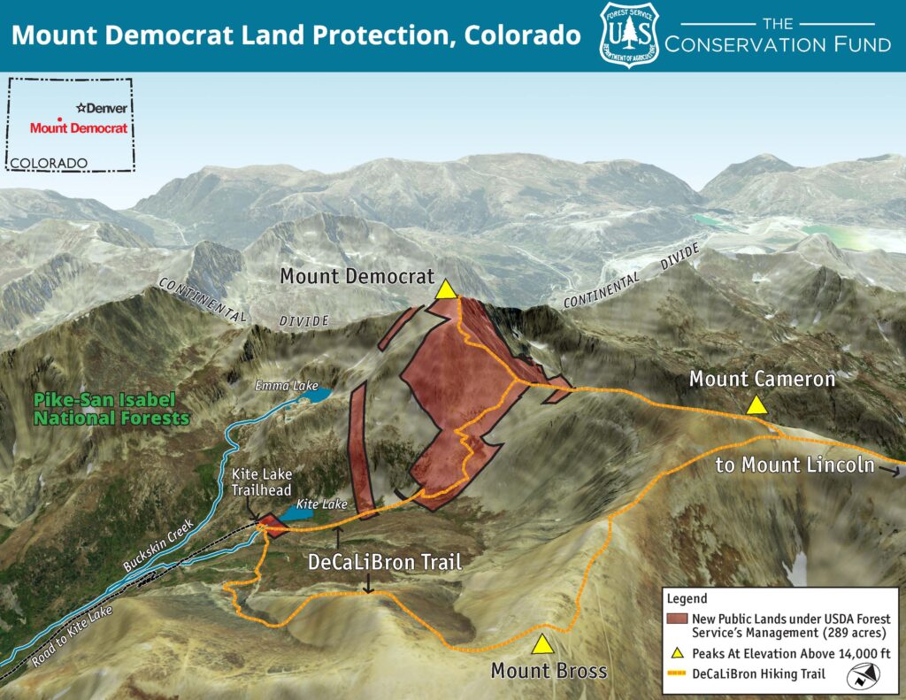 Map of Mount Democrat in Colorado. Now open to the public in perpetuity. 