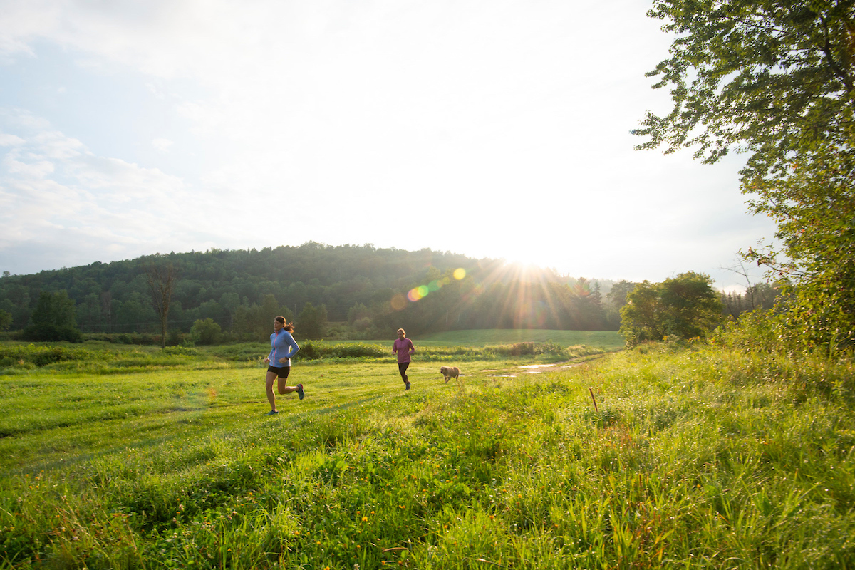 Two people and a dog jogging through a grassy field