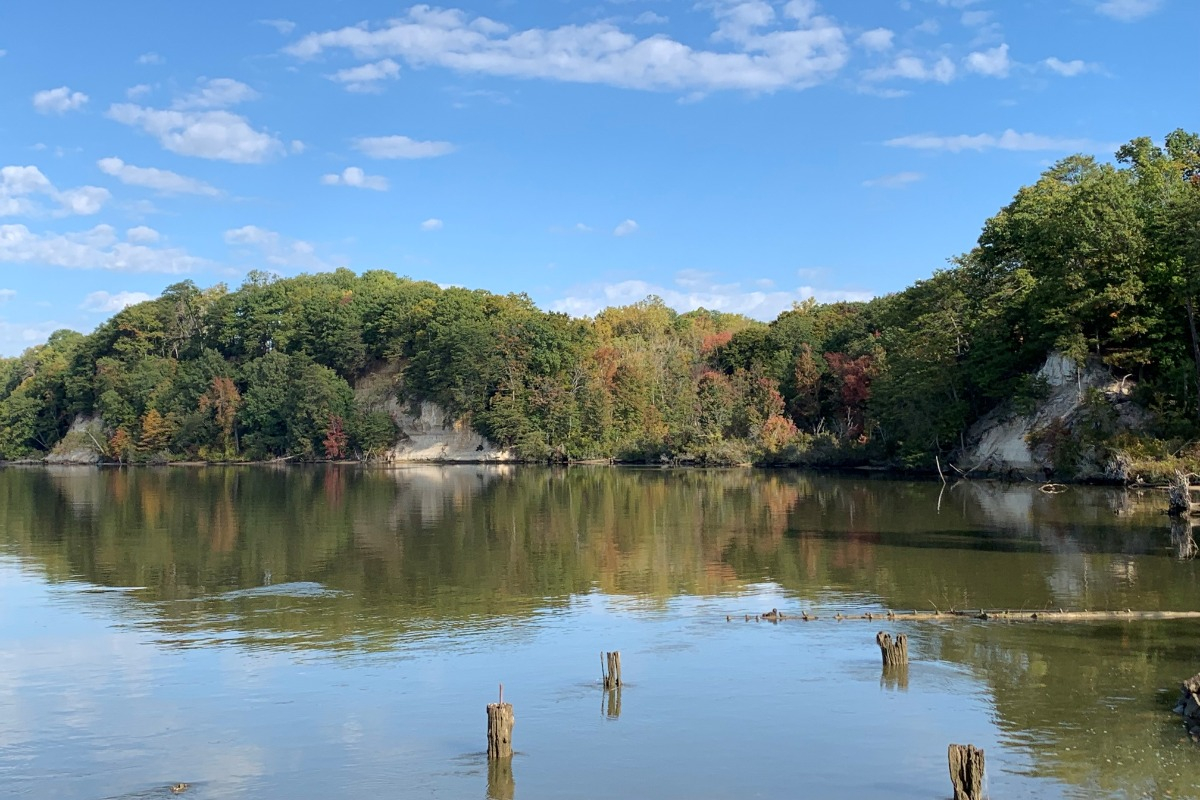 Water with remains of old dock and green trees and cliffs in the background