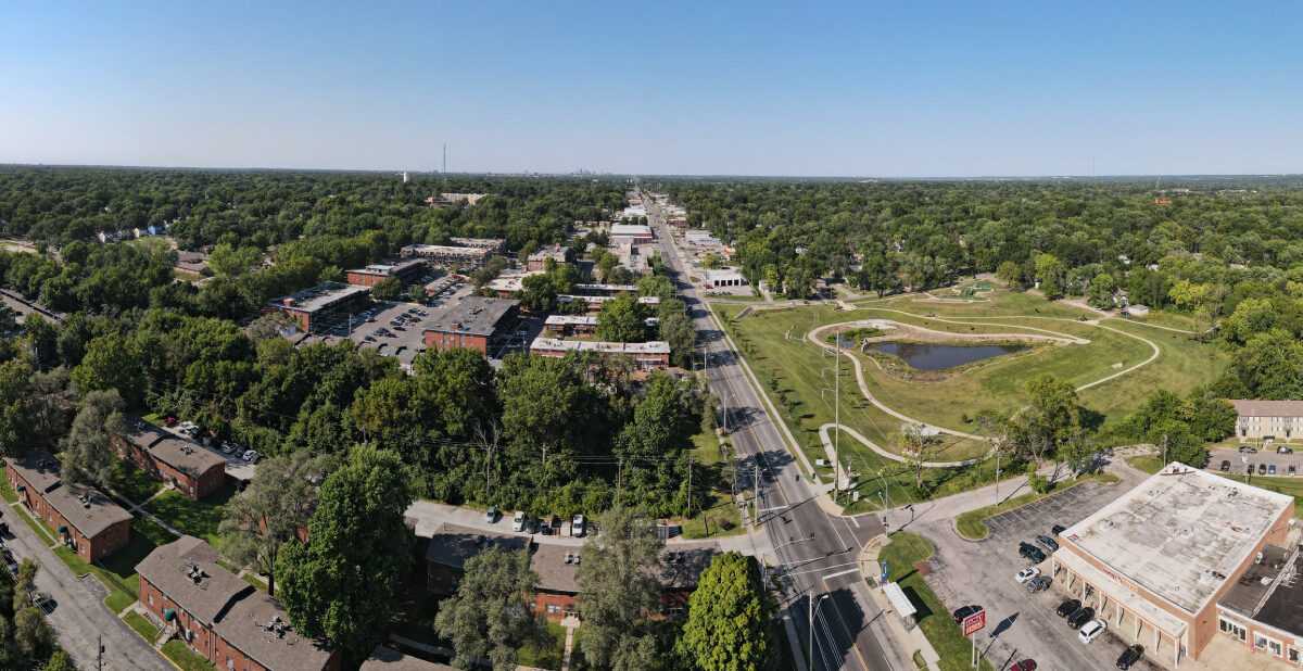 An aerial image of Kansas City greenspaces nestled between buildings