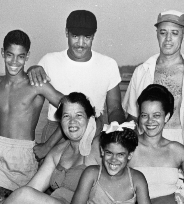 A historic black and white photo depicting Black friends enjoying one of Maryland's Black beaches