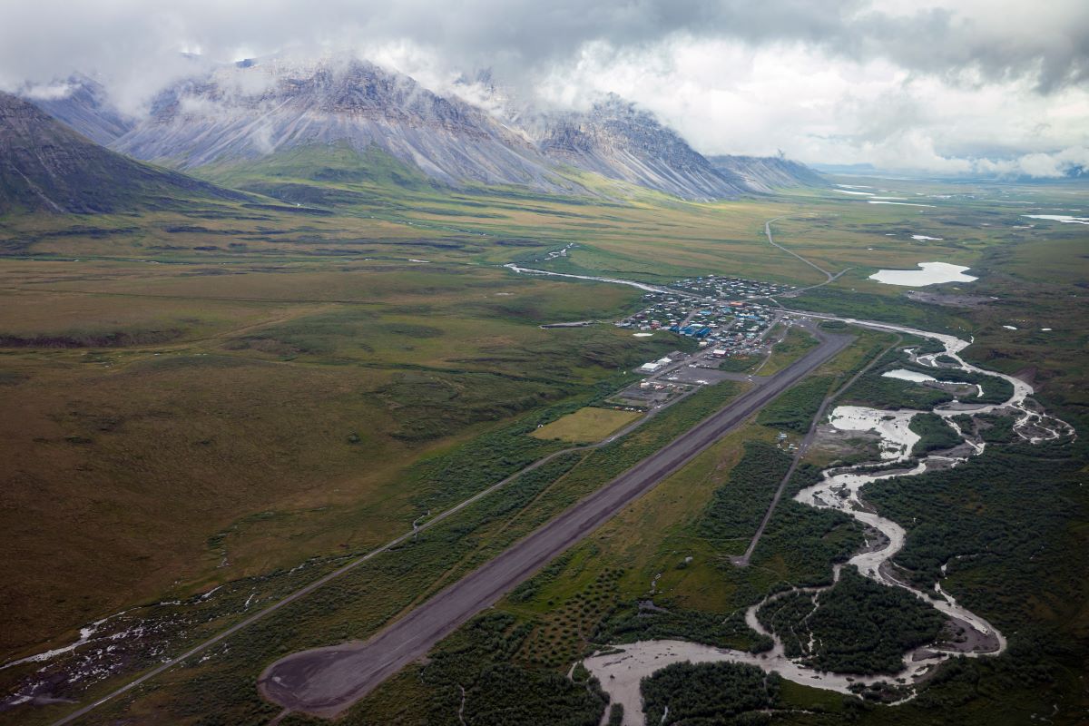 Aerial landscape view of the town of Anaktuvuk Pass, located in Gates of the Arctic National Park in northern Alaska.
