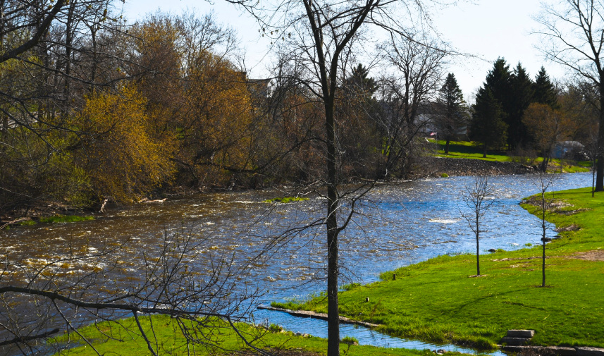 A serene river flows through a park, with a bench overlooking the water, highlighting Milwaukee's efforts to combat flooding.