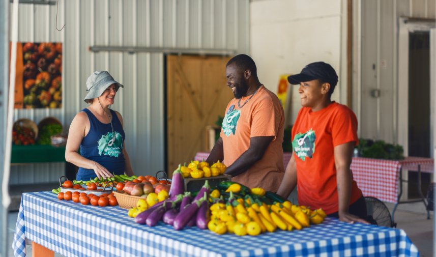 Three individuals gather around a table filled with fresh produce at Z Farm, a Chicago area farm dedicated to local food.