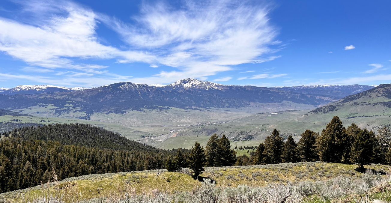 A panoramic view of Crevice Mountain and valley, highlighting the sagebrush-grassland habitat near Yellowstone North.