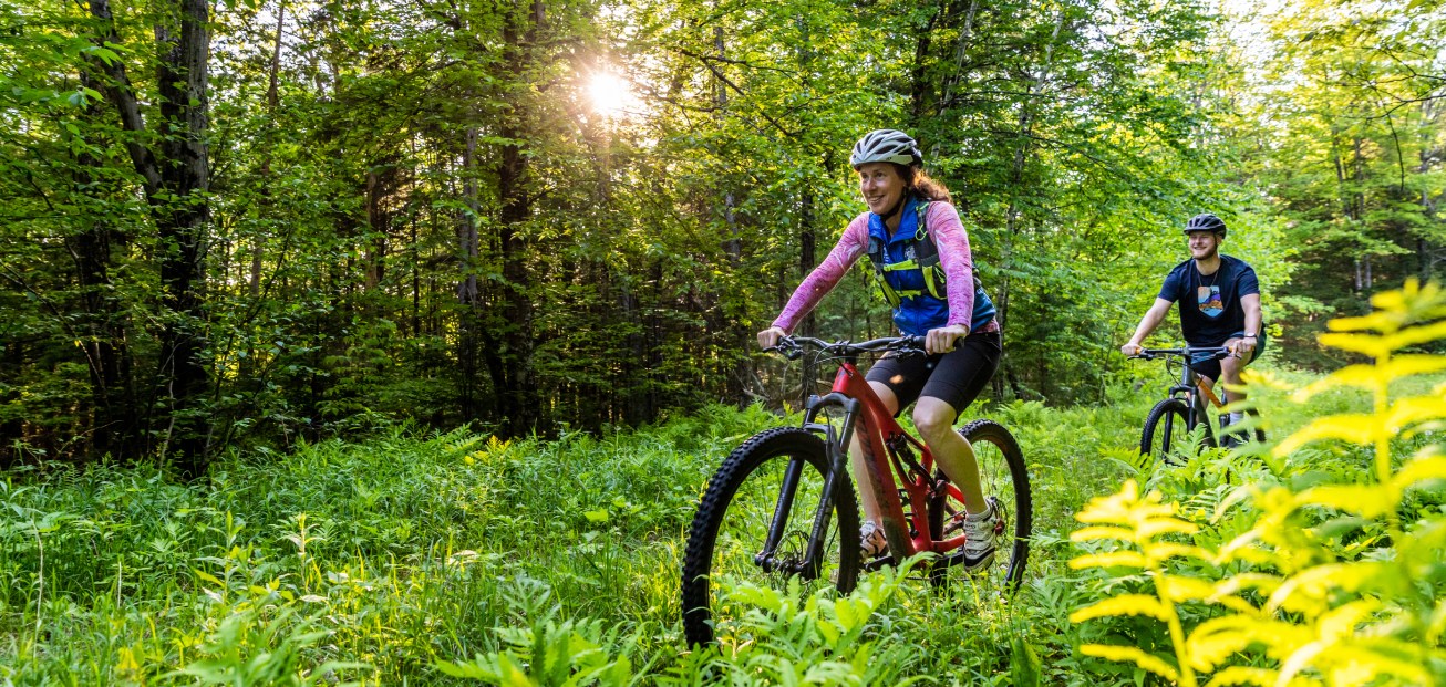 Two cyclists ride through a lush forest, showcasing the beauty of Chadbourne Forest in Bethel, Maine, under conservation efforts.